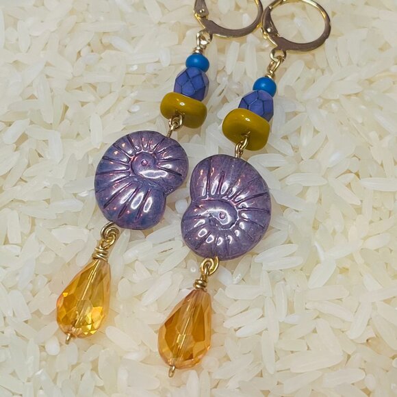 Ammonite Shell Dangle Earrings – Boho Ocean Inspired Earrings - Picture 1 of 4